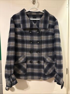 Women's Double-Breasted Plaid Pea Coat in Navy and Gray